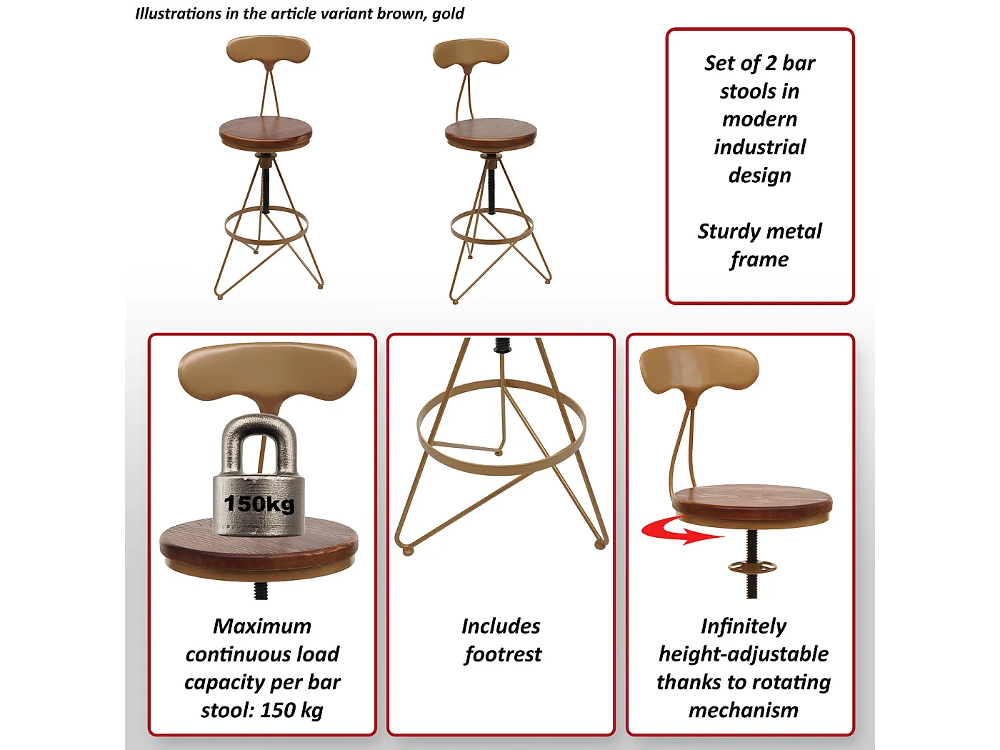 Stołek barowy MCW-N18 (zestaw 2 szt.),  brązowy, czarna rama