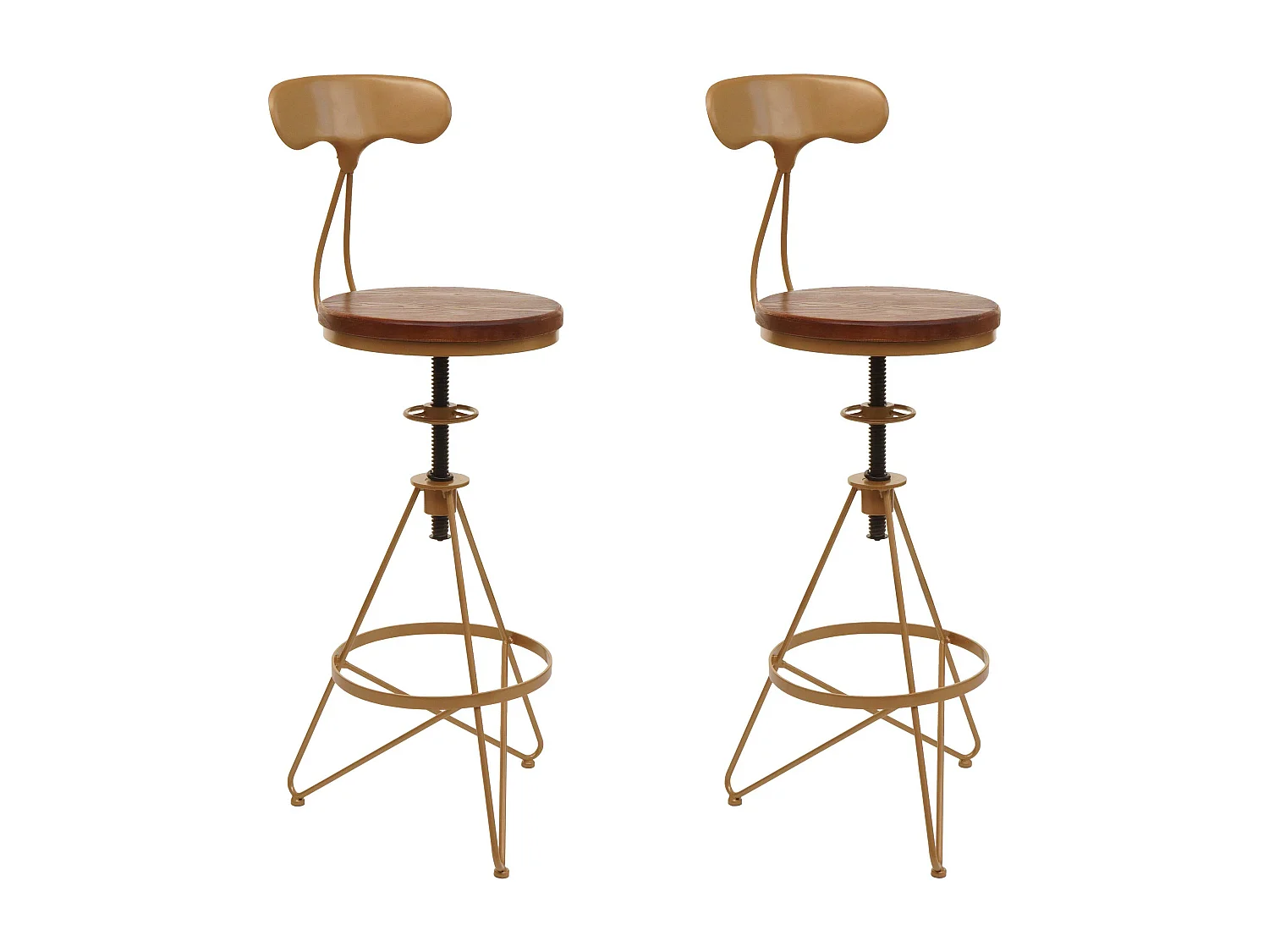 Set 2 sgabelli da bar MCW-N18, industriale poggiapiedi girevole regolabile, metallo legno ~ marrone, struttura dorata