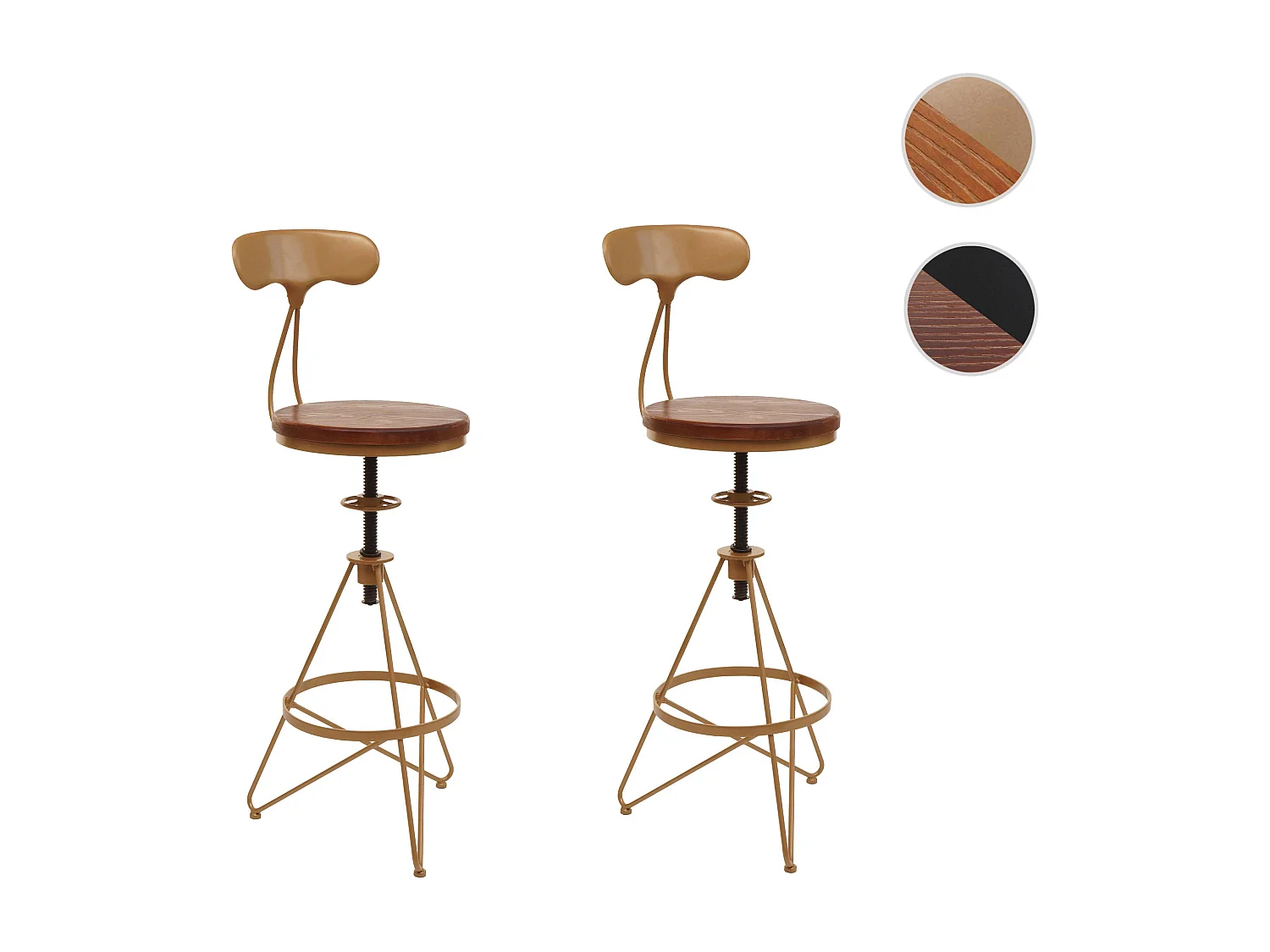 Set 2 sgabelli da bar MCW-N18, industriale poggiapiedi girevole regolabile, metallo legno ~ marrone, struttura dorata