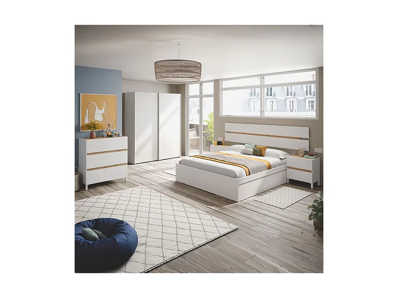 Dormitorio Ezra 3C Plus Blanco Artik (Blanco Mate) - Roble Nodi