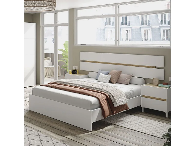 Cabecero con mesitas Ezra Blanco Artik (Blanco Mate) - Roble Nodi