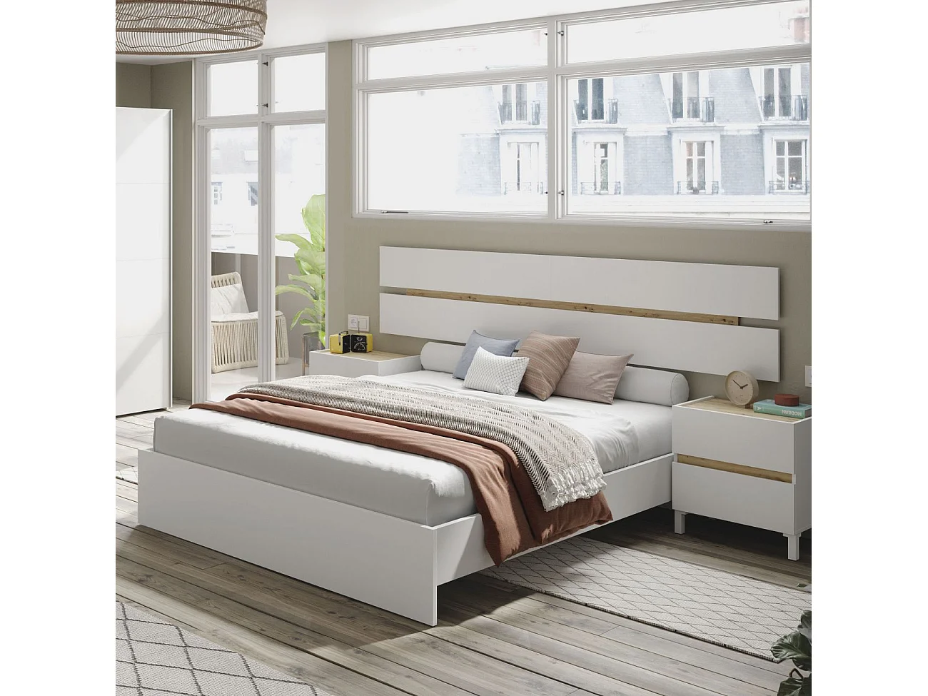 Cabecero con mesitas Ezra Blanco Artik (Blanco Mate) - Roble Nodi