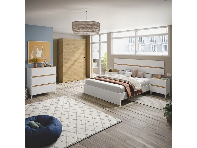 Dormitorio Ezra 3C Blanco Artik (Blanco Mate) - Roble Nodi