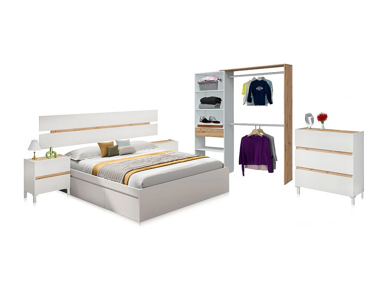 Dormitorio Ezra 3C Max V2 Blanco Artik (Blanco Mate) - Roble Nodi