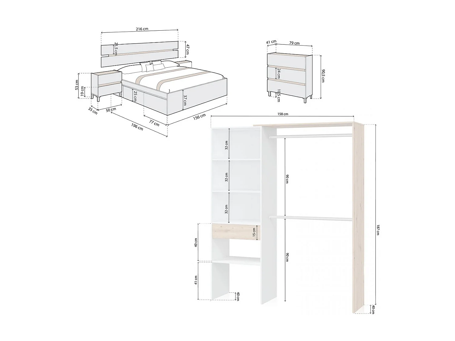 Dormitorio Ezra 3C Max V2 Blanco Artik (Blanco Mate) - Roble Nodi