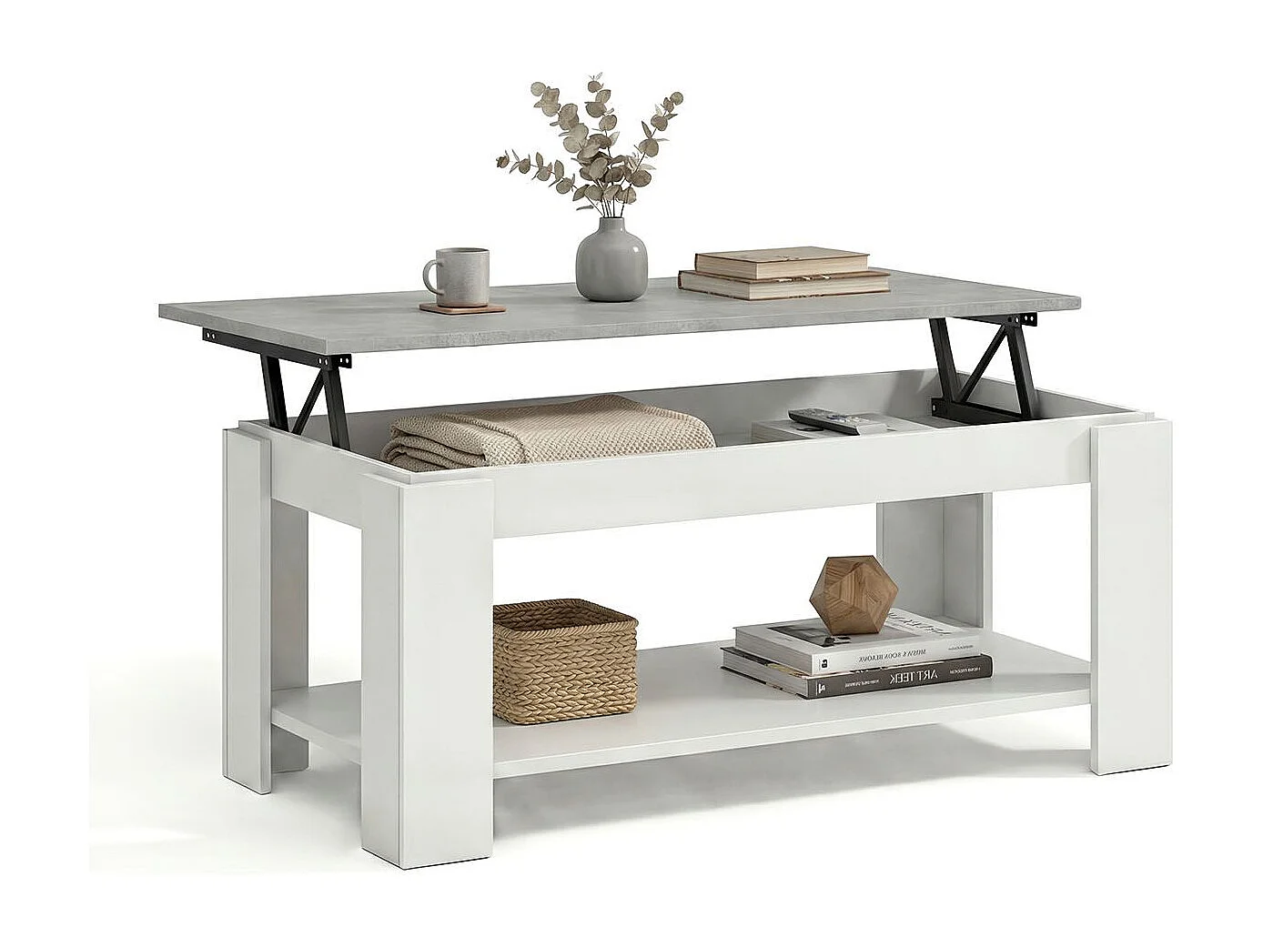 Mesa de centro elevable con almacenaje en blanco mate y gris cemento 102x43-54 cm Lya Blanco Artik (Blanco Mate) - Gris Cemento