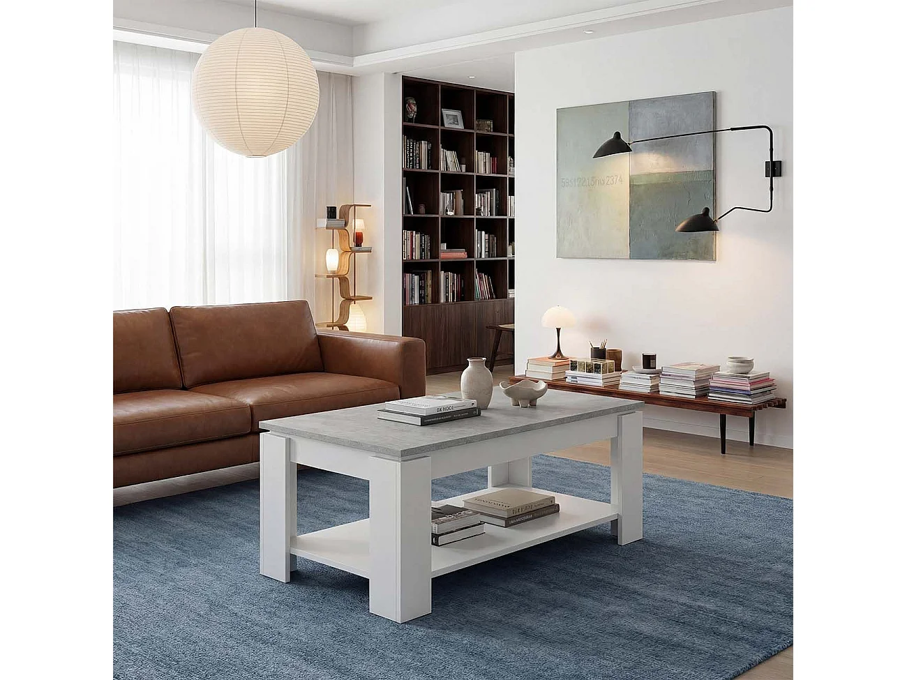 Mesa de centro elevable con almacenaje en blanco mate y gris cemento 102x43-54 cm Lya Blanco Artik (Blanco Mate) - Gris Cemento