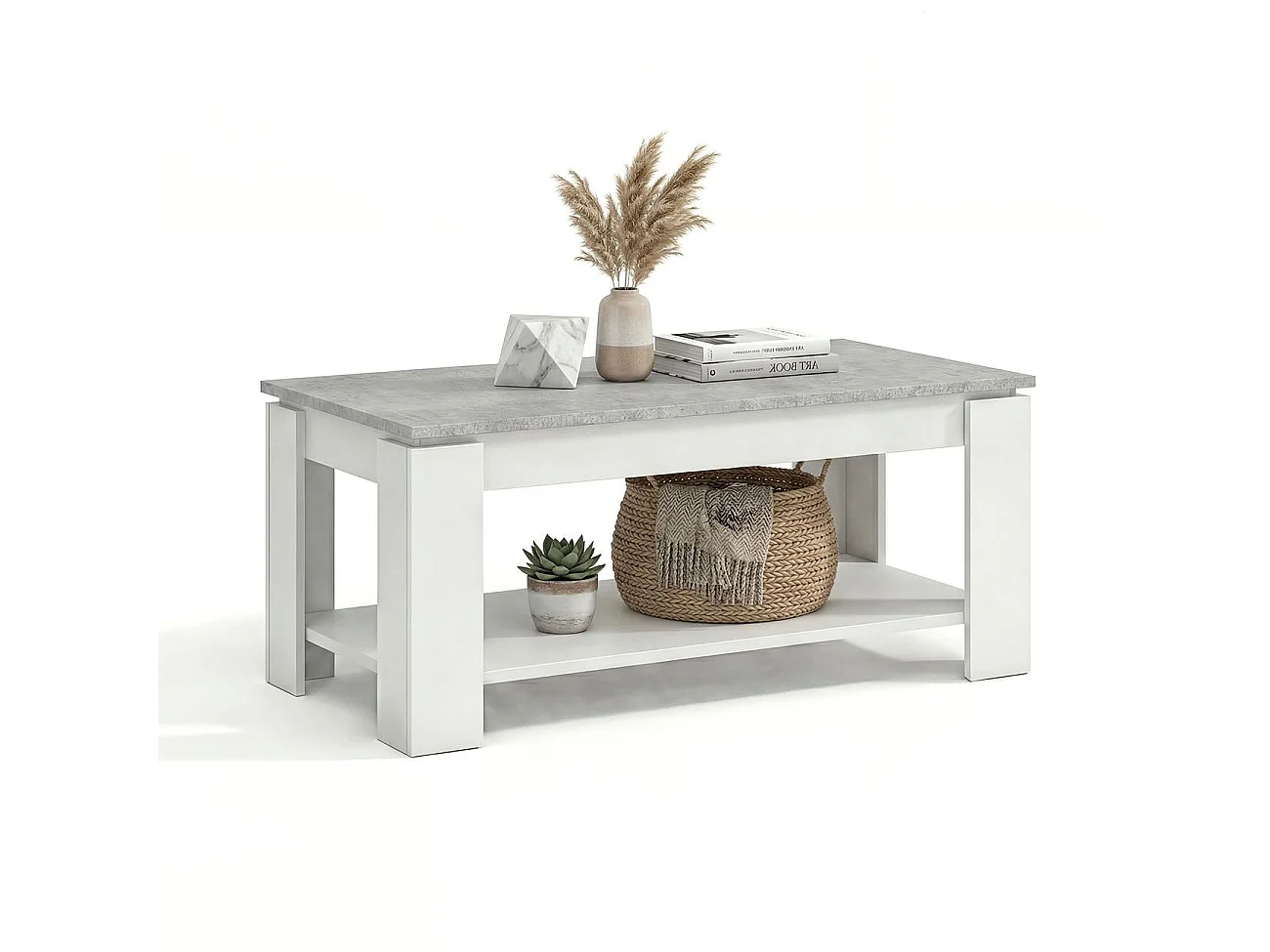 Mesa de centro elevable con almacenaje en blanco mate y gris cemento 102x43-54 cm Lya Blanco Artik (Blanco Mate) - Gris Cemento