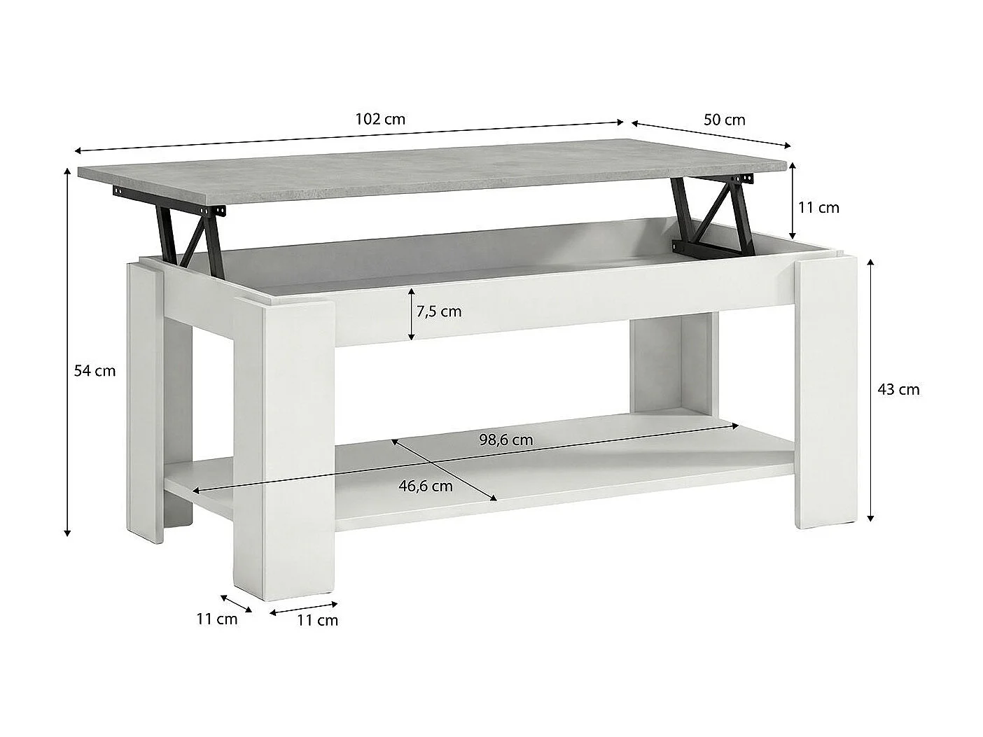 Mesa de centro elevable con almacenaje en blanco mate y gris cemento 102x43-54 cm Lya Blanco Artik (Blanco Mate) - Gris Cemento