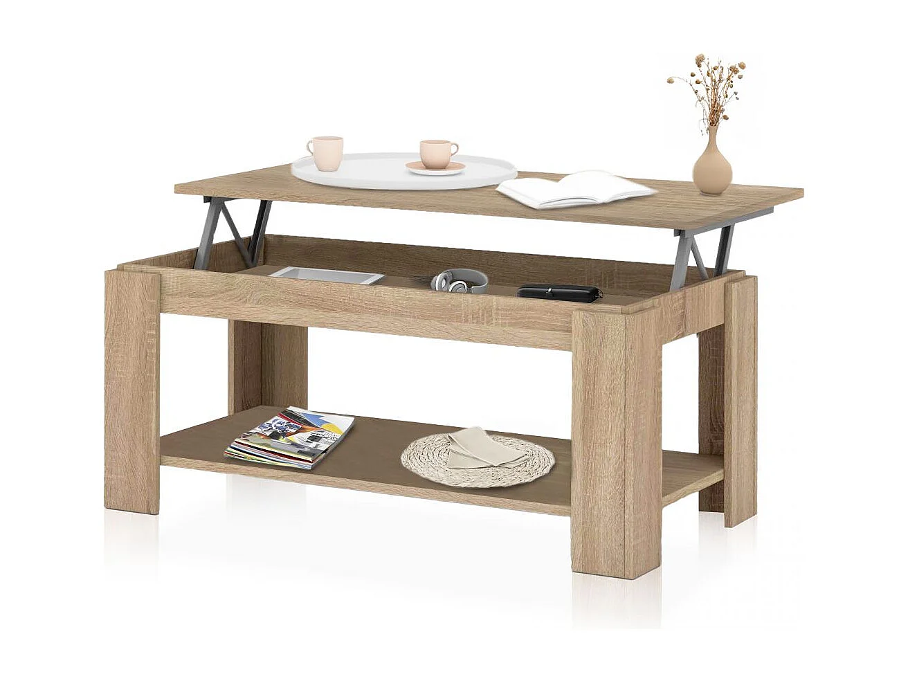 Mesa de centro elevable con almacenaje en roble canadian 120x43-54 cm Lya Roble Canadian