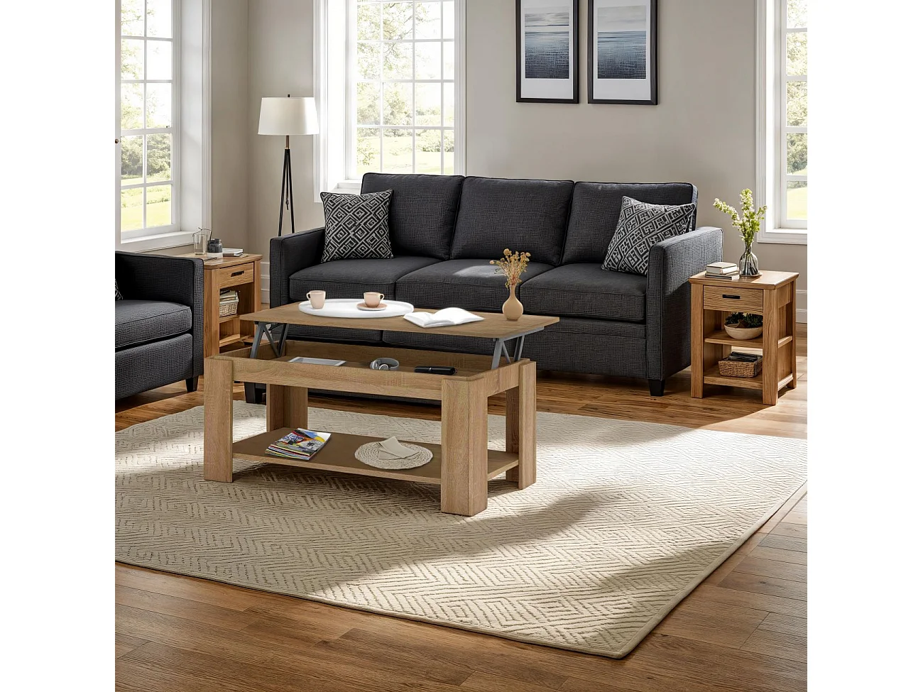 Mesa de centro elevable con almacenaje en roble canadian 120x43-54 cm Lya Roble Canadian