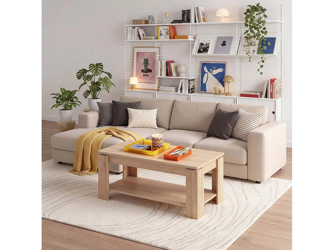 Mesa de centro elevable con almacenaje en roble canadian 102x43-54 cm Lya Roble Canadian