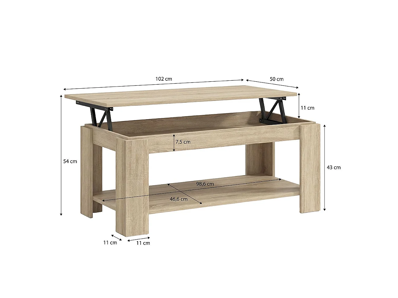 Mesa de centro elevable con almacenaje en roble canadian 102x43-54 cm Lya Roble Canadian