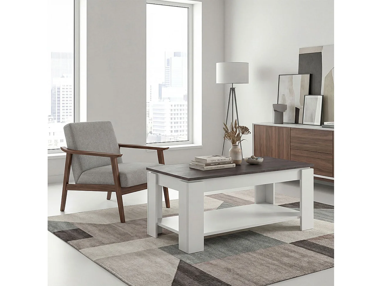 Mesa de centro elevable con almacenaje en blanco mate y óxido 102x43-54 cm Lya Blanco Artik (Blanco Mate) - Óxido