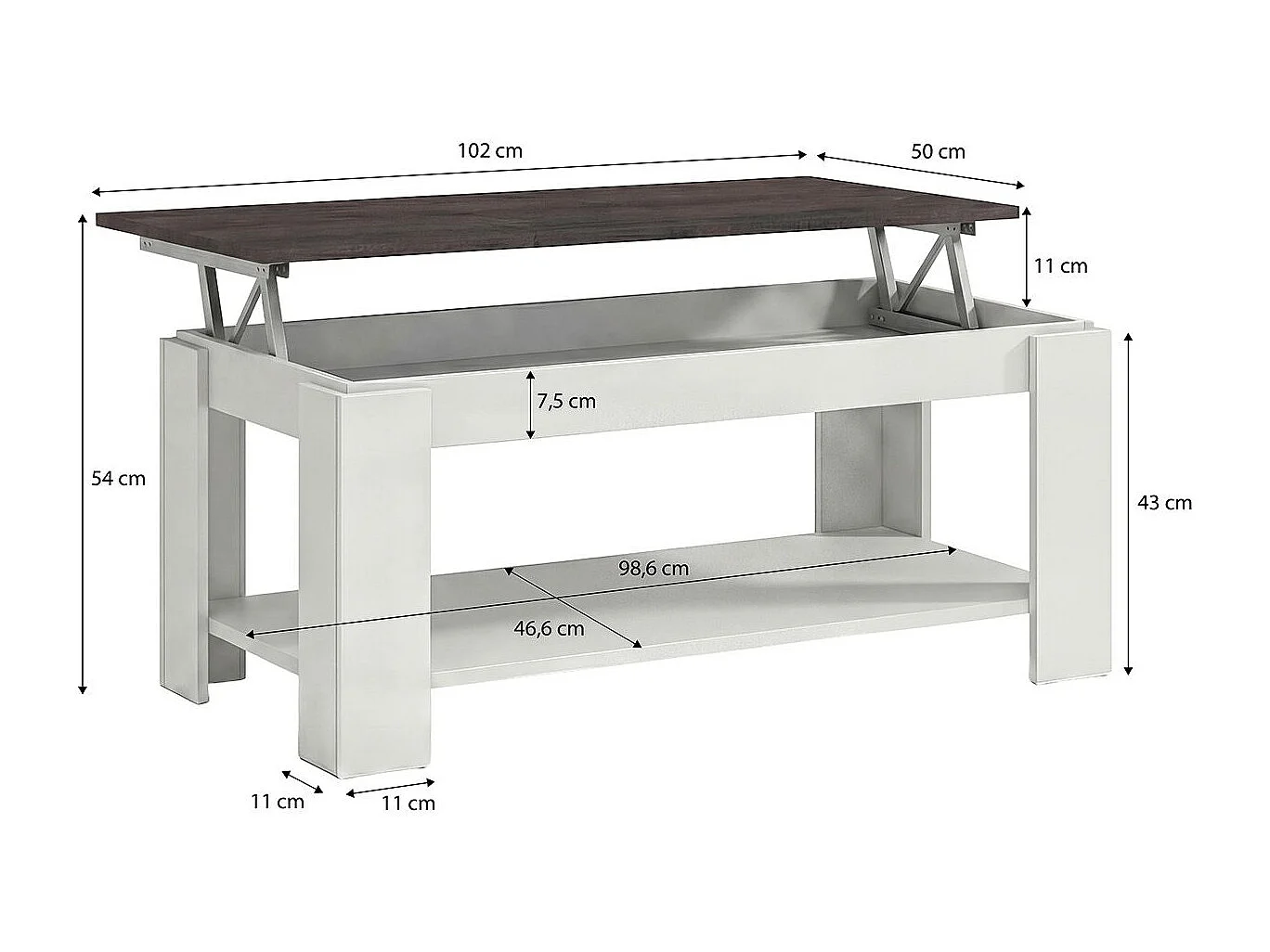 Mesa de centro elevable con almacenaje en blanco mate y óxido 102x43-54 cm Lya Blanco Artik (Blanco Mate) - Óxido