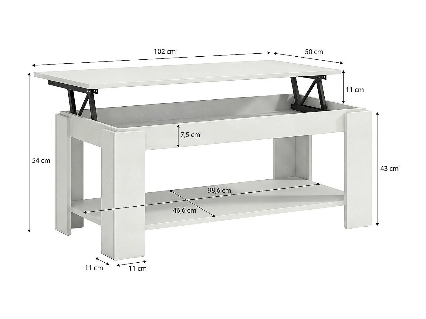 Mesa de centro elevable con almacenaje en blanco mate 102x43-54 cm Lya Blanco Artik (Blanco Mate)