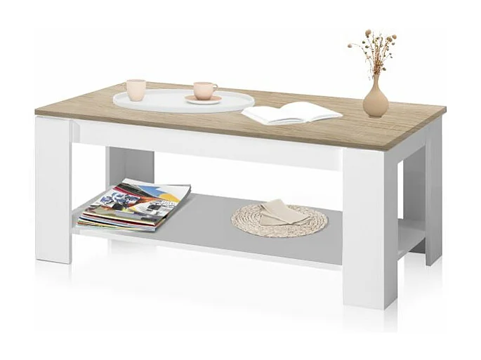 Mesa de centro elevable Lya Blanco Artik (Blanco Mate) - Roble Canadian