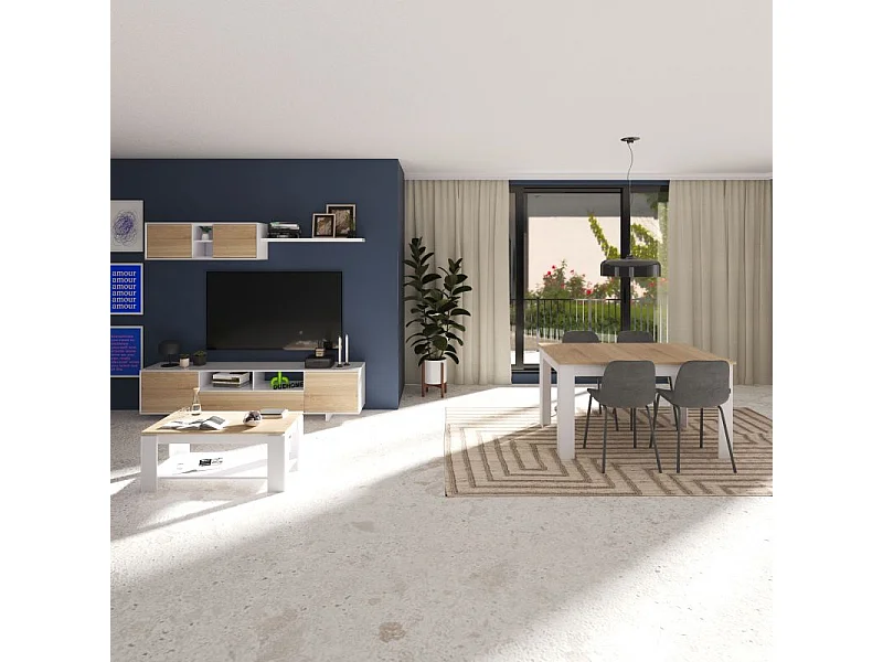 Mesa de centro elevable Lya Blanco Artik (Blanco Mate) - Roble Canadian