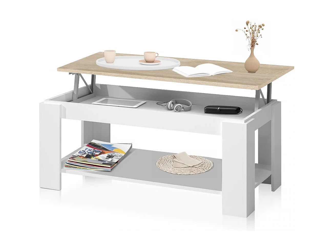 Mesa de centro elevable con almacenaje en blanco mate y roble canadian 120x43-54 cm Lya Blanco Artik (Blanco Mate) - Roble Canadian