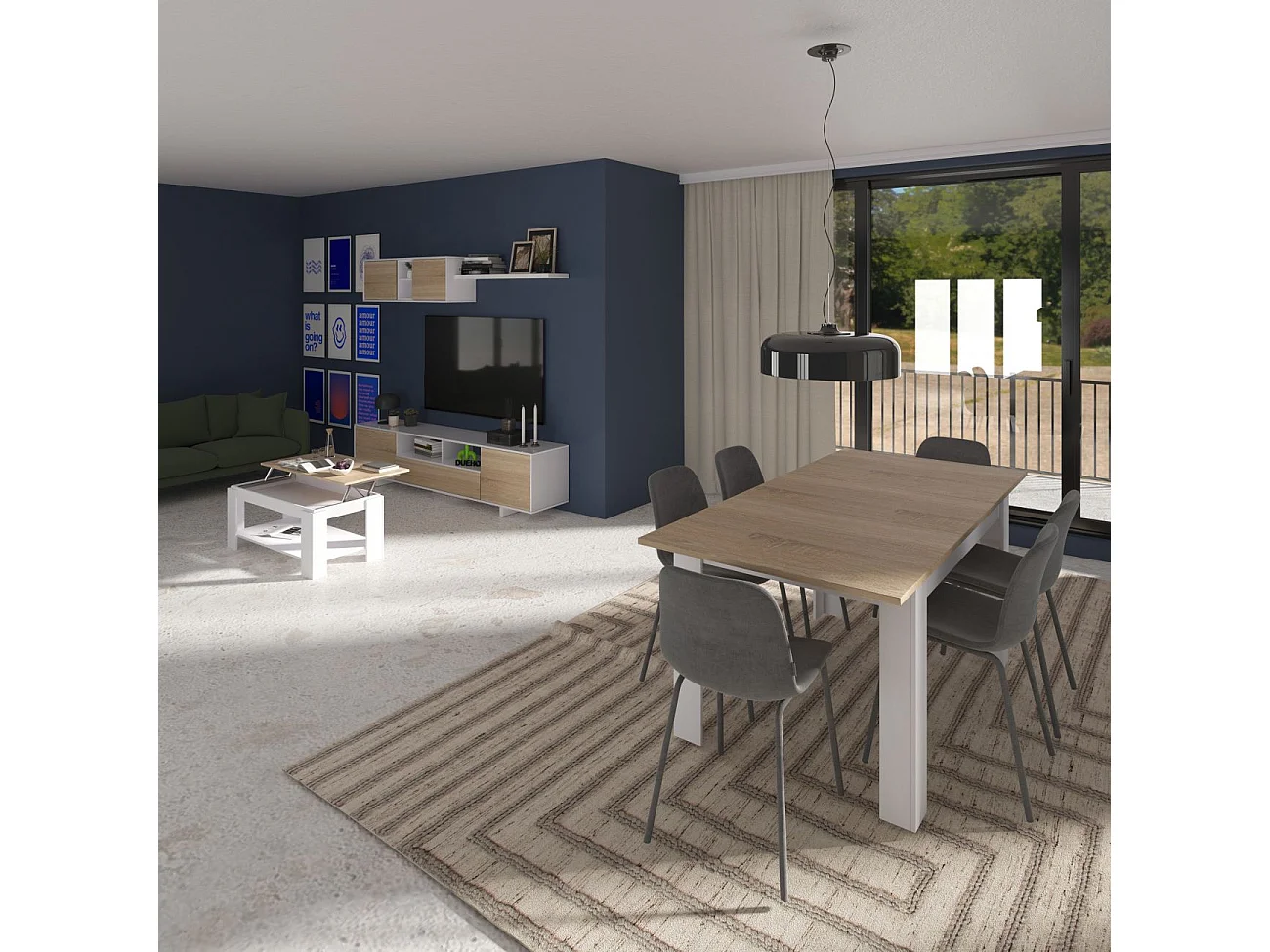 Mesa de centro elevable con almacenaje en blanco mate y roble canadian 120x43-54 cm Lya Blanco Artik (Blanco Mate) - Roble Canadian