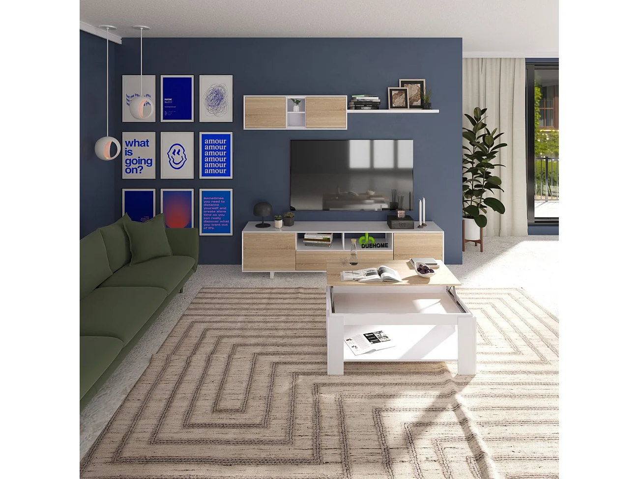 Mesa de centro elevable con almacenaje en blanco mate y roble canadian 120x43-54 cm Lya Blanco Artik (Blanco Mate) - Roble Canadian