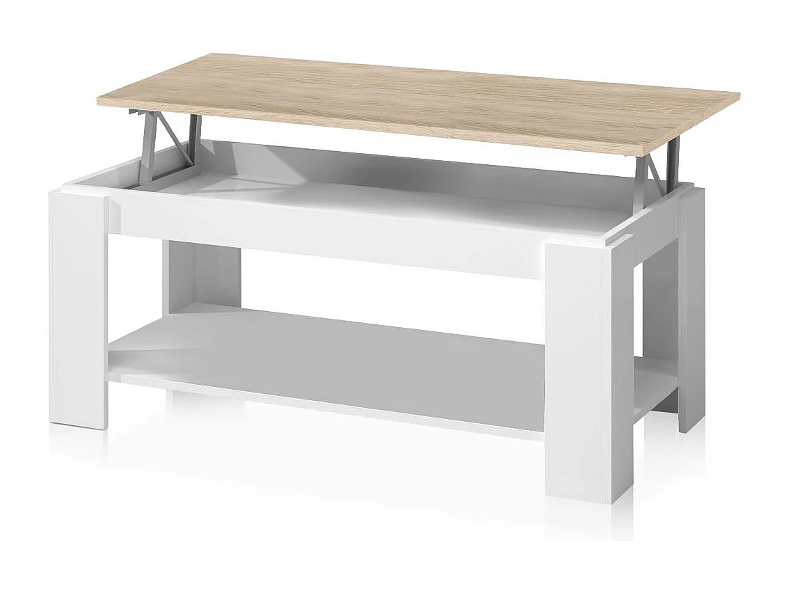 Mesa de centro elevable con almacenaje en blanco mate y roble canadian 120x43-54 cm Lya Blanco Artik (Blanco Mate) - Roble Canadian