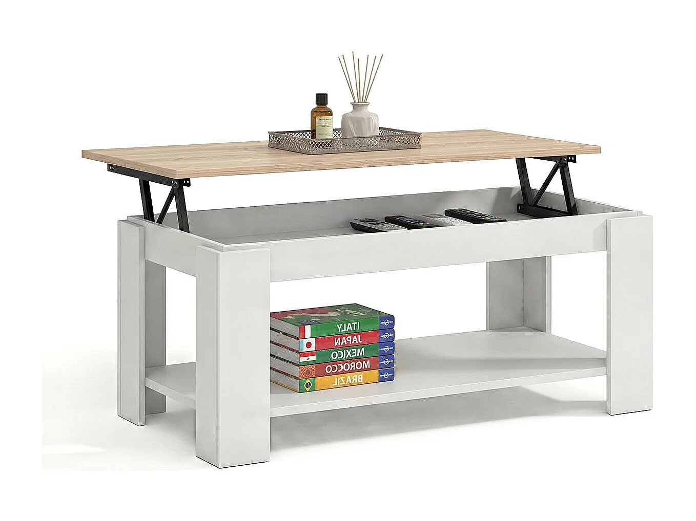 Mesa de centro elevable con almacenaje en blanco mate y roble canadian 102x43-54 cm Lya Blanco Artik (Blanco Mate) - Roble Canadian