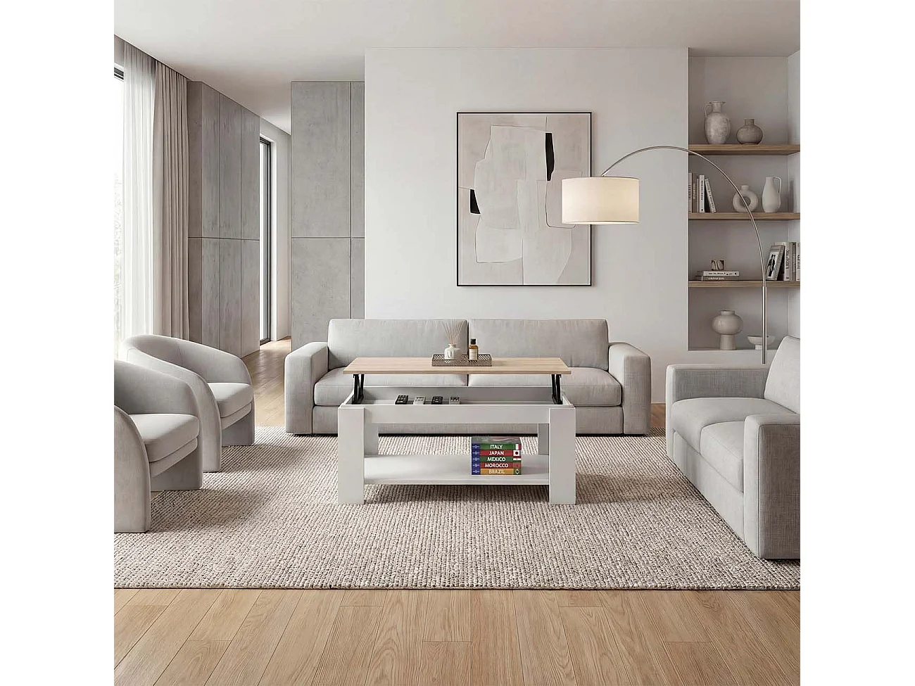 Mesa de centro elevable con almacenaje en blanco mate y roble canadian 102x43-54 cm Lya Blanco Artik (Blanco Mate) - Roble Canadian