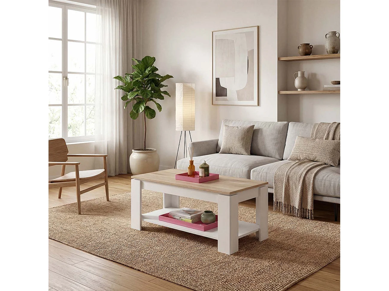 Mesa de centro elevable con almacenaje en blanco mate y roble canadian 102x43-54 cm Lya Blanco Artik (Blanco Mate) - Roble Canadian