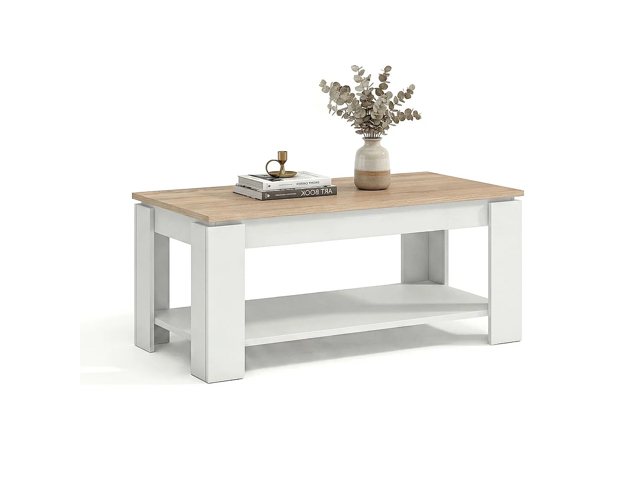 Mesa de centro elevable con almacenaje en blanco mate y roble canadian 102x43-54 cm Lya Blanco Artik (Blanco Mate) - Roble Canadian