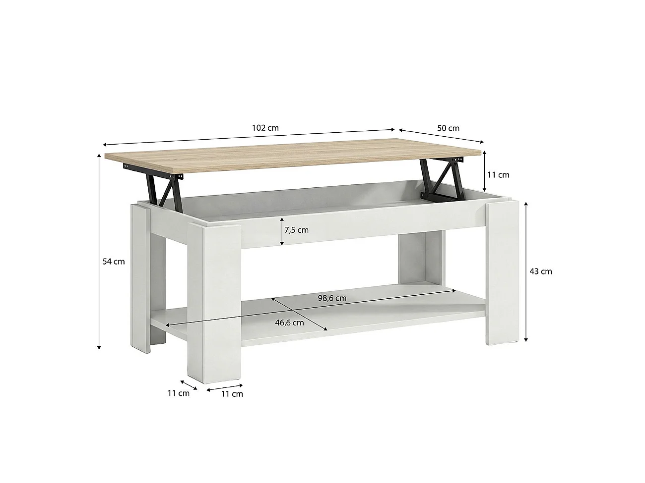 Mesa de centro elevable con almacenaje en blanco mate y roble canadian 102x43-54 cm Lya Blanco Artik (Blanco Mate) - Roble Canadian