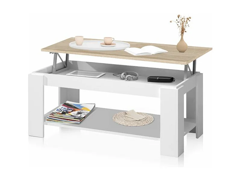 Mesa de centro elevable Lya Blanco Artik (Blanco Mate) - Roble Canadian