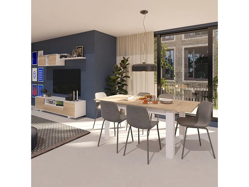 Mesa de comedor extensible Danna 140 Blanco Artik (Blanco Mate) - Roble Canadian