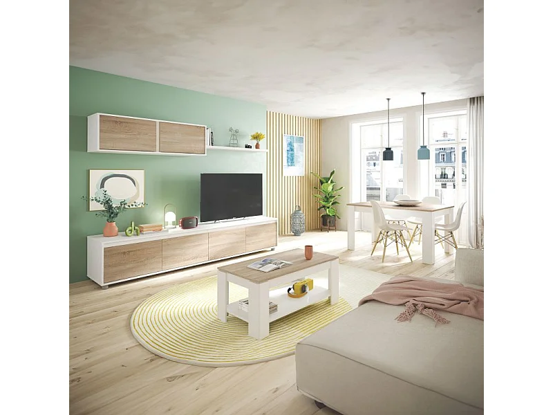 Mesa de comedor extensible Danna 140 Blanco Artik (Blanco Mate) - Roble Canadian