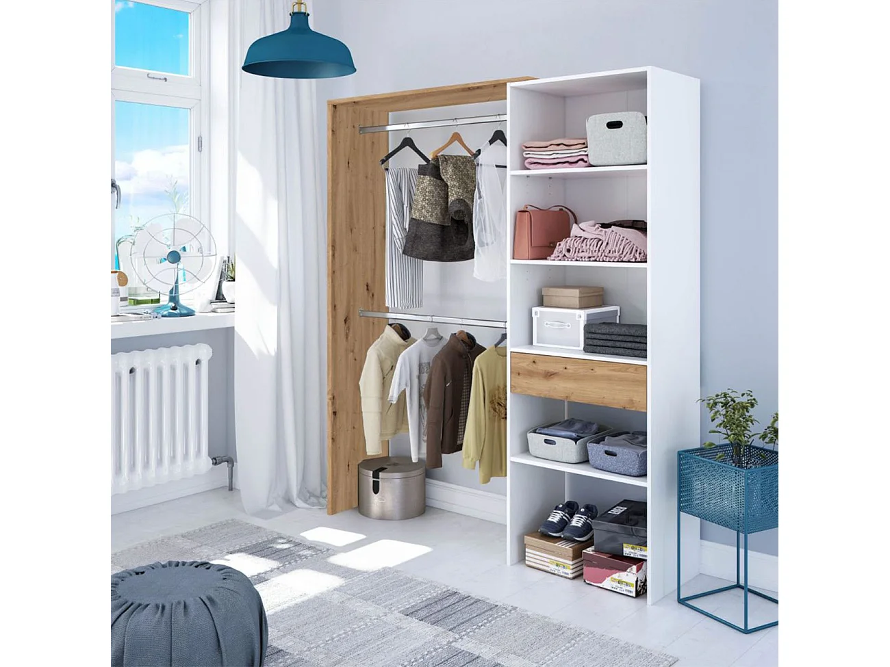 Armario vestidor funcional de gran capacidad en blanco soft y roble nodi 158x187 cm Ezra Blanco Soft - Roble Nodi