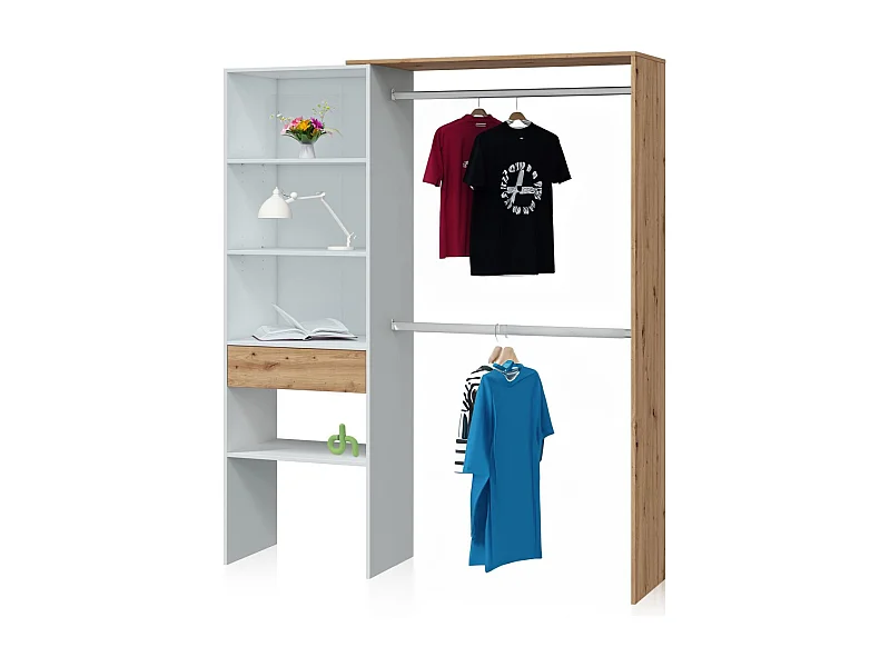 Armario vestidor funcional de gran capacidad en blanco soft y roble nodi 158x187 cm Ezra Blanco Soft - Roble Nodi