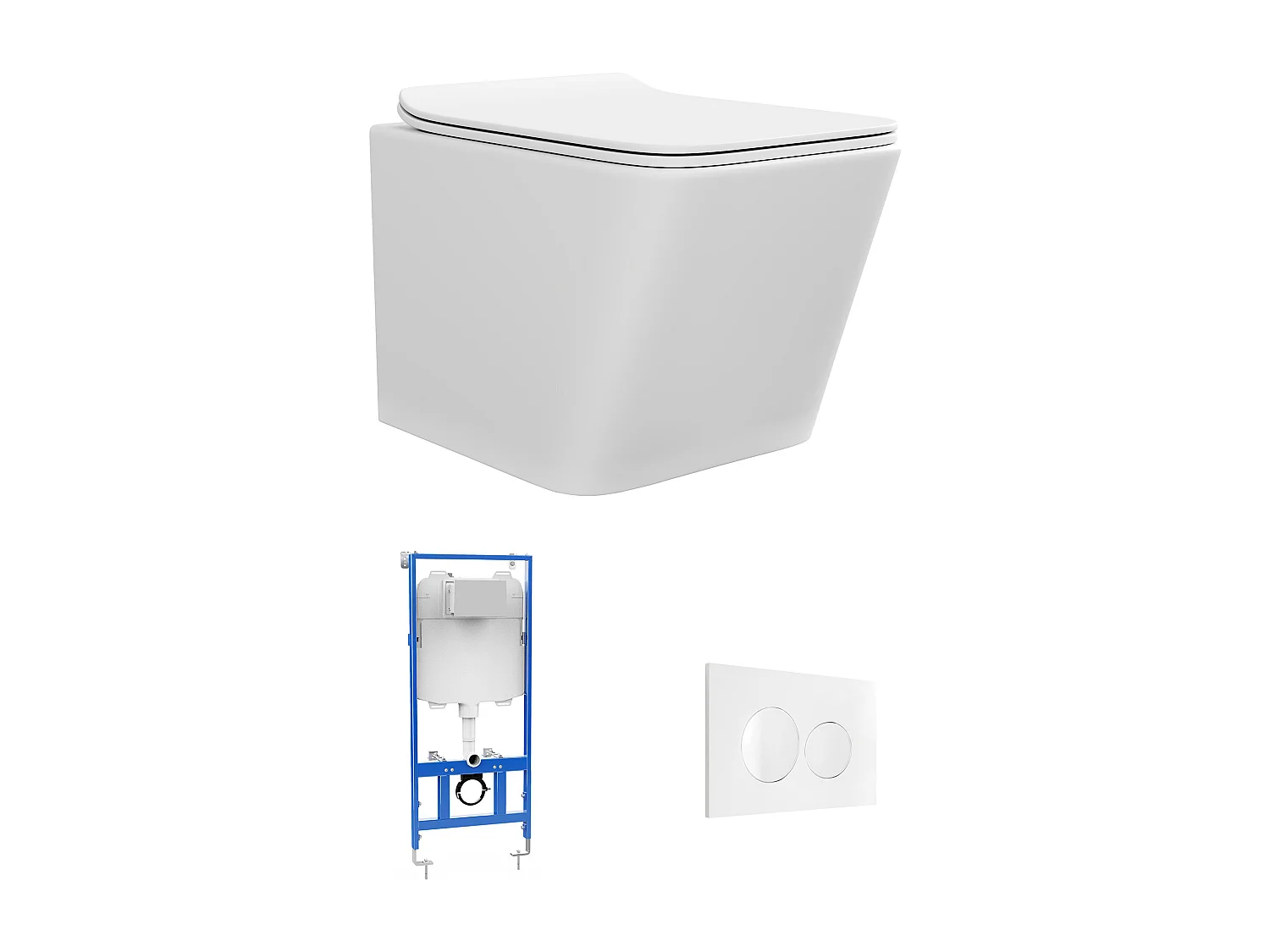 Sparset - Wand-WC mit Trägergestell & weißer Betätigungsplatte - Weiß matt - CLEMONA