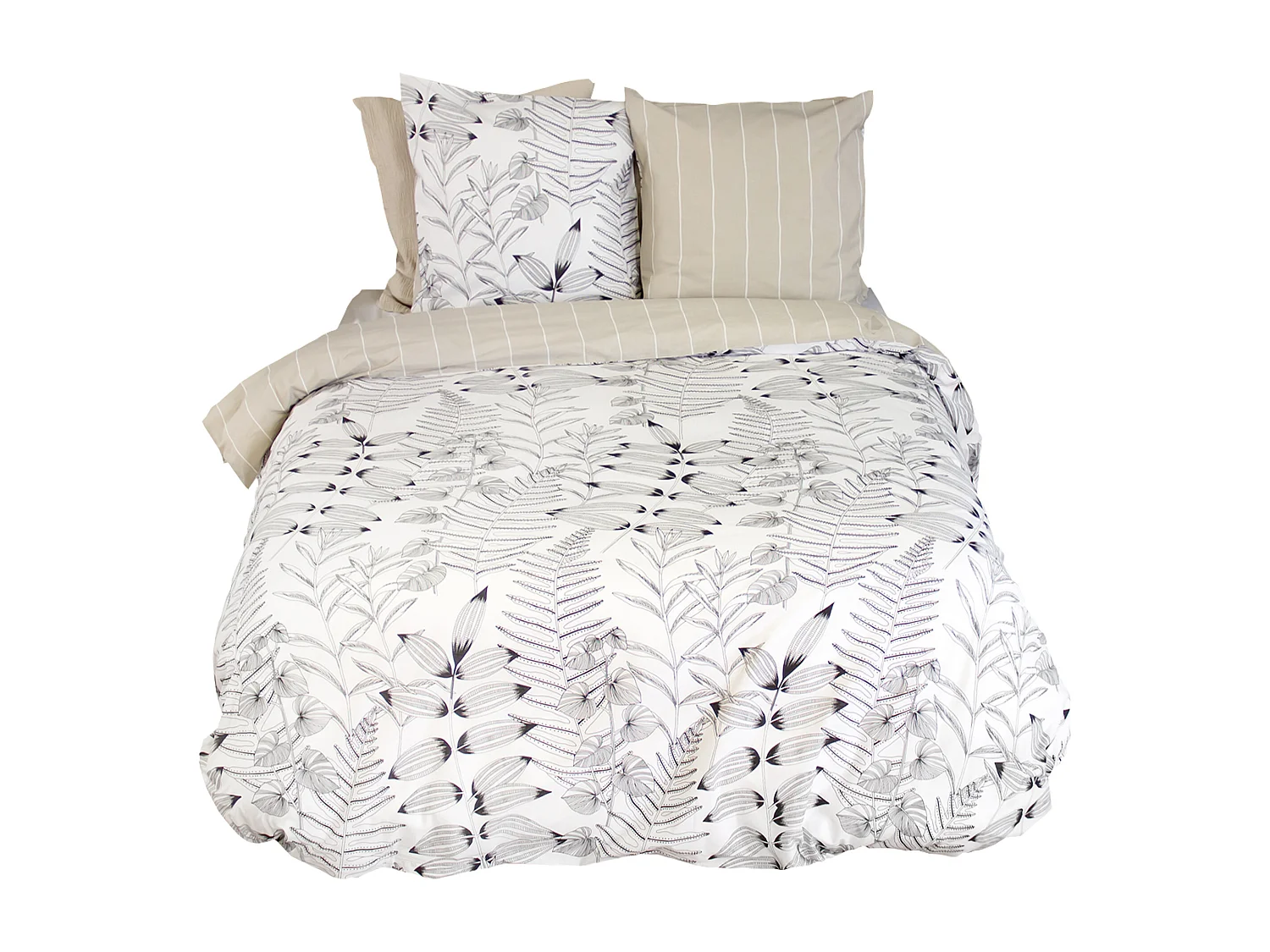 Parure de lit 240x220 cm pur coton ALIX motif végétation blanc et noir 3 pièces