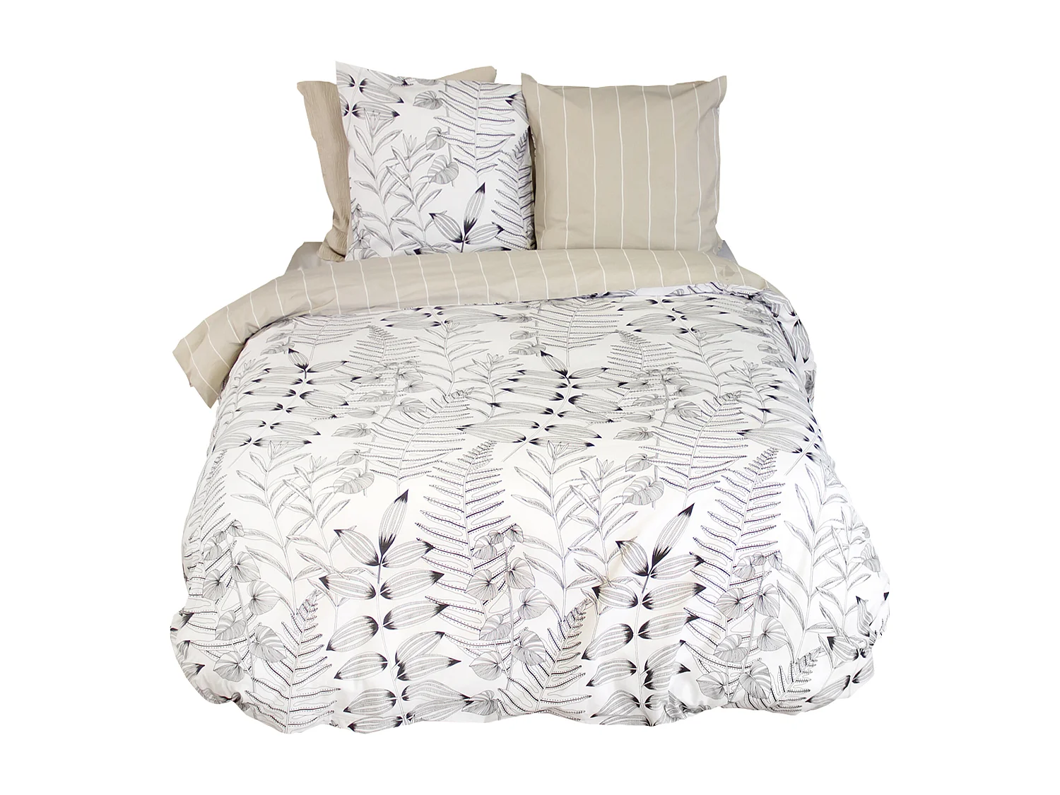 Parure de lit 260x240 cm pur coton ALIX motif végétation blanc et noir 3 pièces