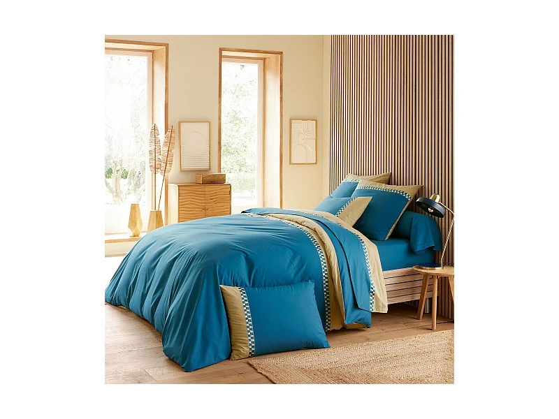Parure de lit 2 pièces : housse 140x200 cm et taie 50x70 cm en percale de coton LINOA bleu cobalt