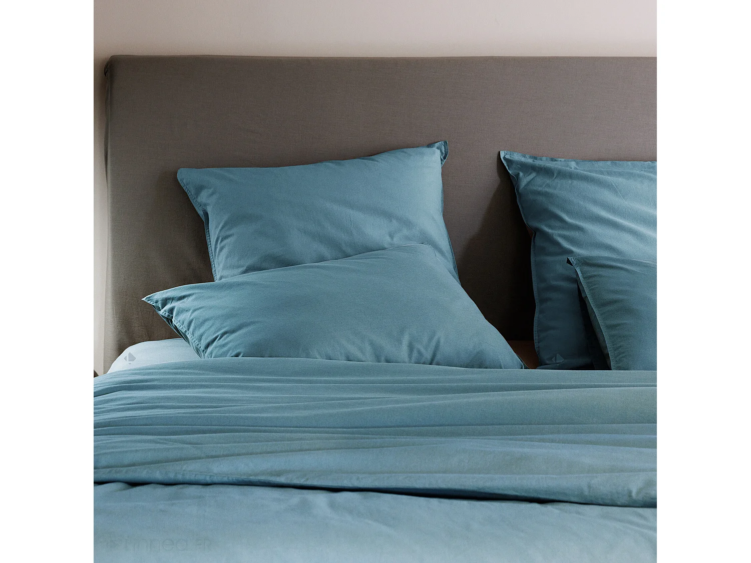 Drap housse PALACE pur coton lavé 140x190 cm bonnet 35 cm uni bleu topaze