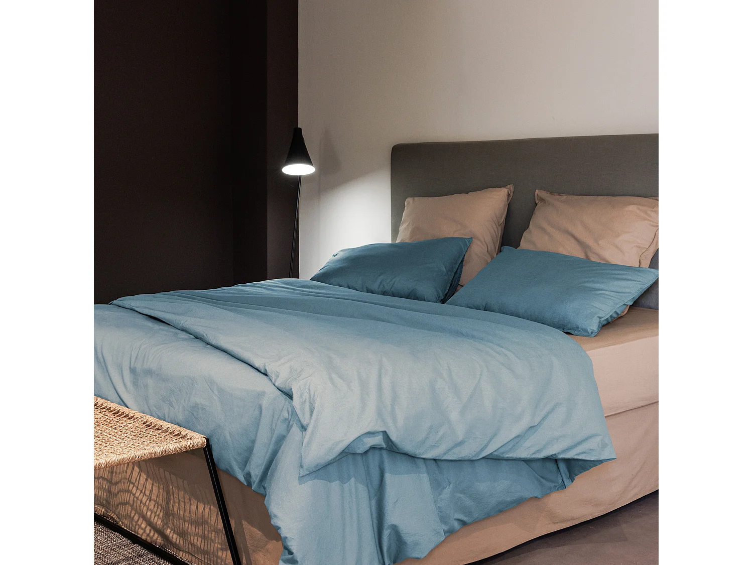 Drap housse PALACE pur coton lavé 140x190 cm bonnet 35 cm uni bleu topaze