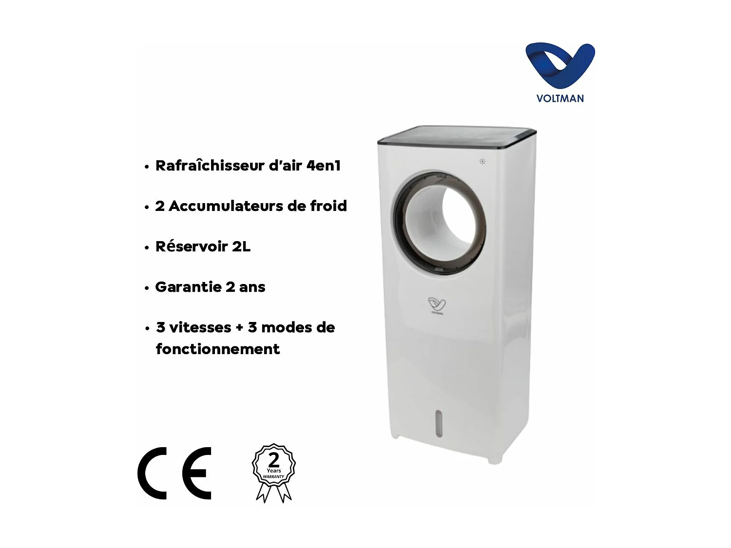 Rafraîchisseur d'air 4en1 humidificateur et purificateur - 80W - Blanc - réservoir 2L - Voltman