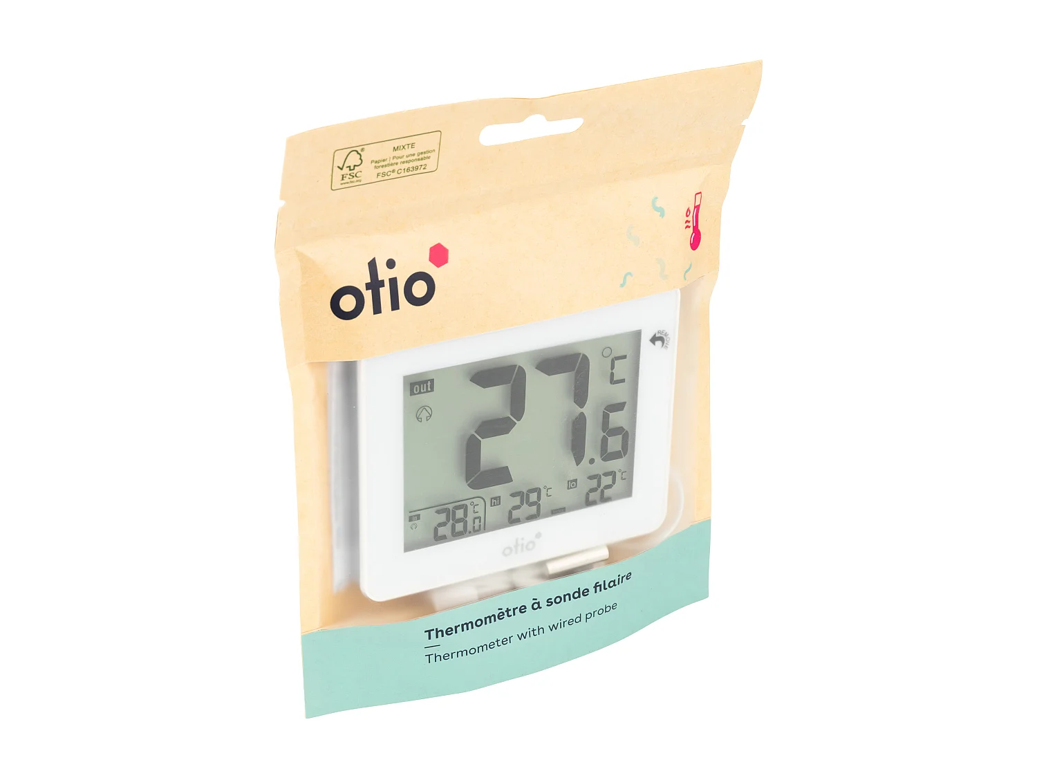 Thermomètre intérieur extérieur filaire Noir - Otio