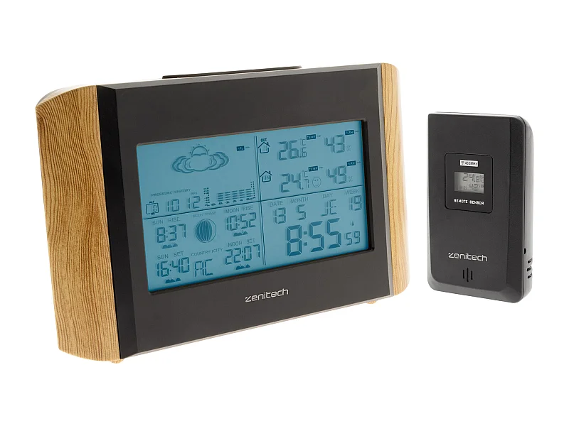 Station météo effet bois avec capteur sans fil (IP44) - Zenitech