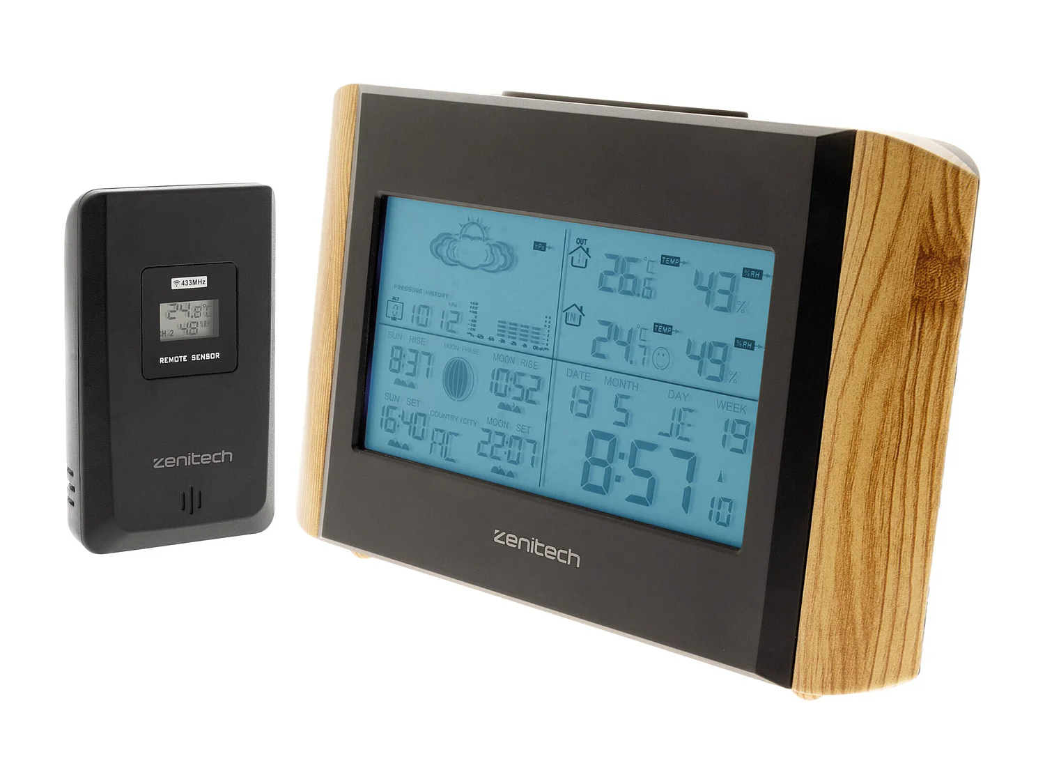 Station météo effet bois avec capteur sans fil (IP44) - Zenitech