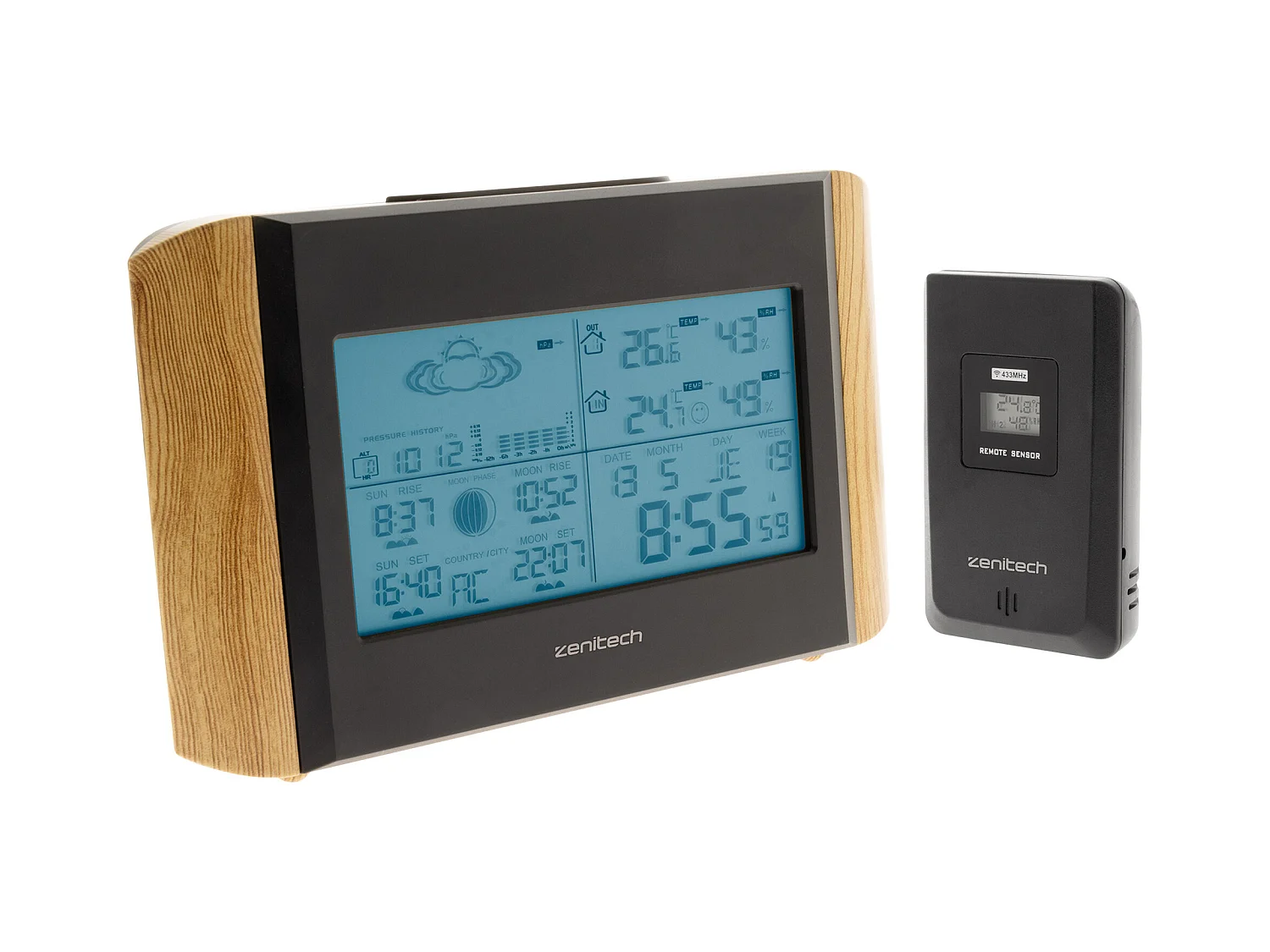 Station météo effet bois avec capteur sans fil (IP44) - Zenitech
