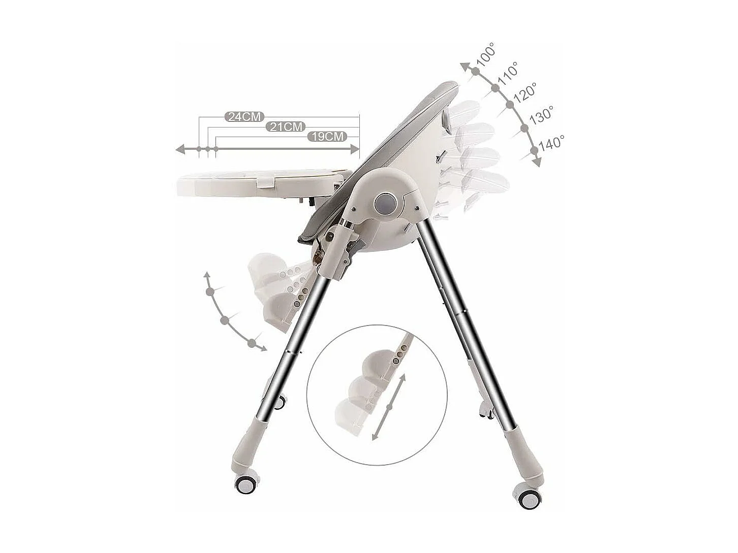 Evolutiva sedia per bambini pieghevole, la sedia da bambino regolabile per bambini, facile pulizia, con ruote, grigio