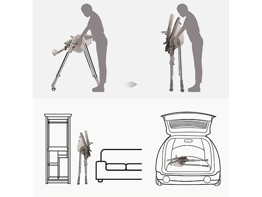 Evolutiva sedia per bambini pieghevole, la sedia da bambino regolabile per bambini, facile pulizia, con ruote, grigio