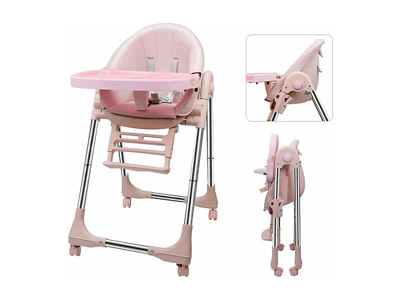 Chaise Haute Bébé Pliable Evolutive, Chaise Haute Enfant Réglable, Nettoyage facile, Avec Roulettes, Rose